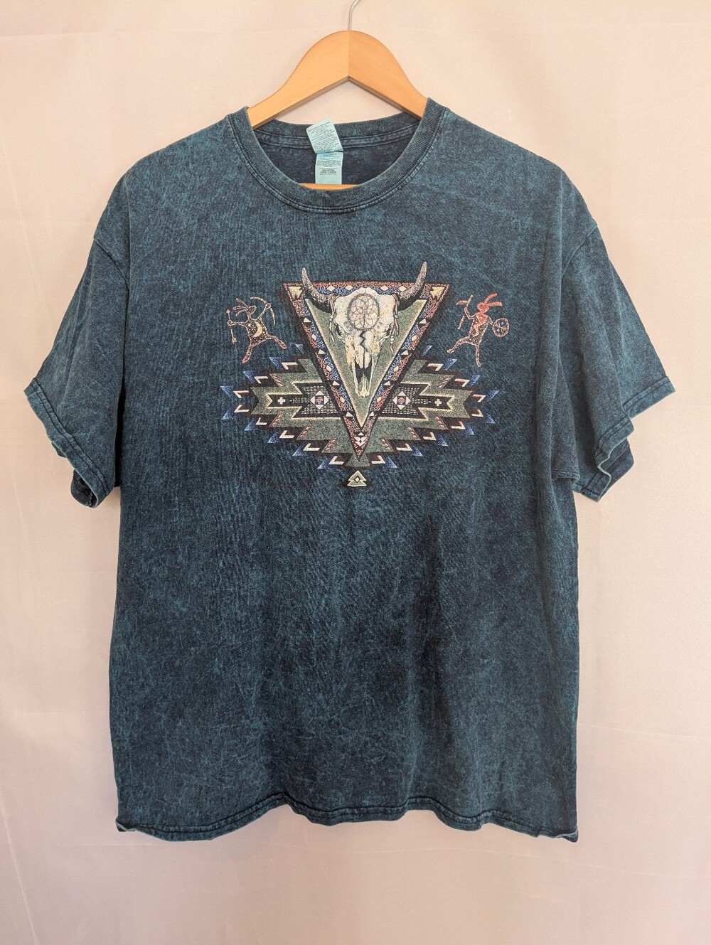 Vintage Acid Wash Southwestern Theme Graphic T-shirt Teal Blue Black Cotton XL